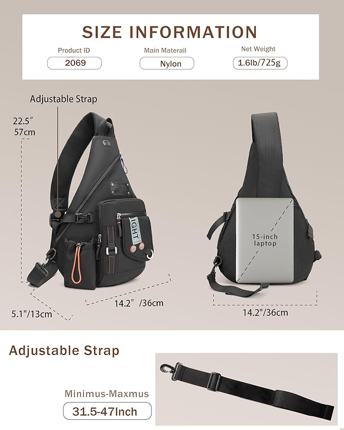 Large Sling Backpack, Sling Chest Bag Shoulder Crossbody Daypacks Fits 14.1-Inch Laptop for Travel Outdoor Men Women