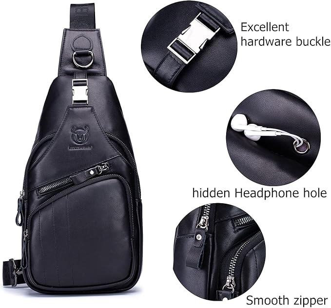 BULLCAPTAIN Men Sling Chest Bag Genuine Leather Casual Multipurpose Crossbody Shoulder Backpack Travel Hiking Daypack (Black)