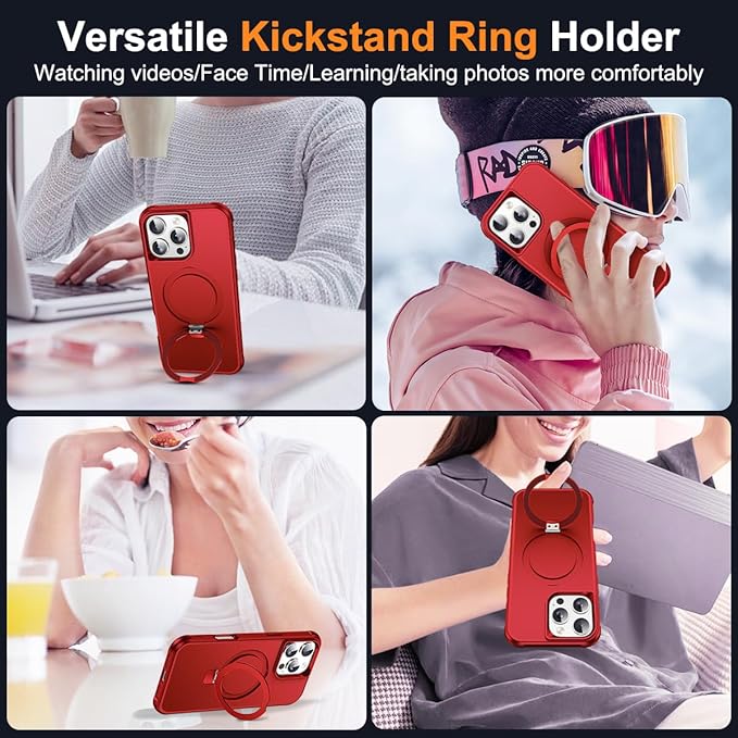 Compatible with iPhone 16 Pro Max Case with Invisible Magnetic O-Ring Stand Military-Grade Case for iPhone 16 ProMax 6.9" [Compatible with Mag-Safe][Great Grip Feeling], Red