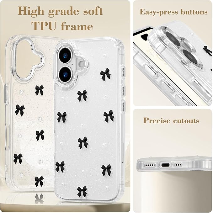 EYZUTAK Case for iPhone 16 Plus, Bling Glitter 3D Bowknot Phone Case Cute Sparkly Crystal Clear Bow Aesthetic Design Case Slim Soft Durable TPU Transparent Protective Cover for Women Girl - Black Bow