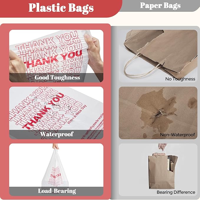 Delxo Grocery Bags Thank You Plastic T-Shirt Bag (1000 Count), White Supermarket Shopping Bags with Handles for Restaurant, Retail, To Go, Takeout, Convenience Stores 11.5 x 6.5 x 21 In