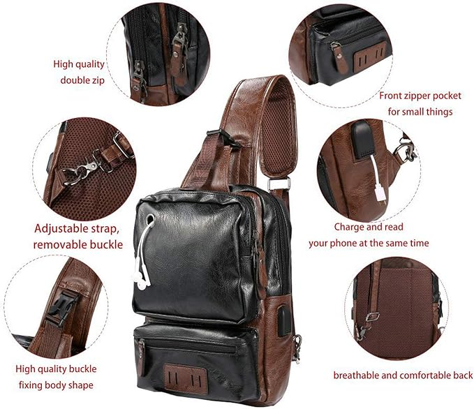 Men's Lightweight PU Leather Sling Bag - Breathable Crossbody Pack with USB Charging Port & 6 Pockets, Easy Access Organizer for Tablet/Gym Essentials - Commute, Travel, Work(Black)