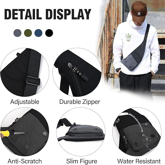 Peicees Waterproof Sling Bag Crossbody Bag For Men Slim Chest Backpack Man Purse Small Shoulder Bag For Travel Hiking