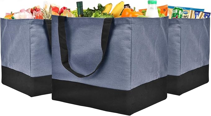 Canvas Reusable Grocery Bags Heavy Duty, 8.3 gal Foldable Large Canvas Tote Bag with Handles, Holds 60 lbs Canvas Shopping Bags, 3 Pack