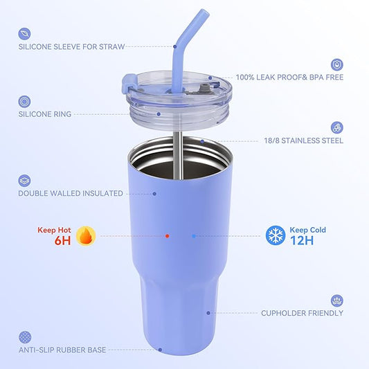 VEGOND 30 oz Insulated Stainless Steel Tumbler with lid and straw Double Wall Vacuum Travel Coffee Mug with Non-Slip Silicone Base, Sweat Proof Powder Coated Cup for Hot Cold Drinks, Blue