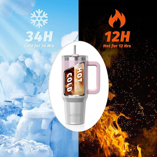 40 oz Shiny Tumbler with Handle and Straw,Stainless Steel Tumbler with Lid and Straw,Insulated Travel Mug(Cold for 34 Hours),Water Bottle for Iced Tea,Coffee (Pink)