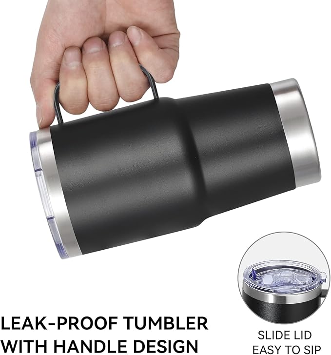 VEGOND 20 oz Tumbler with Handle Lid and Straw, Stainless Steel Insulated Travel Coffee Mug Spill Proof Double Wall Metal Tumbler Cup Keeps Drink Hot and Cold, Black 1 Pack