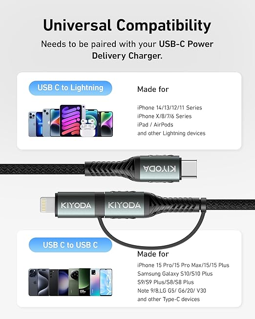 Coiled USB C to USB C and Lightning Cable 2 in 1, 3FT 2Pack Braided Cord Fast Charging Type C Car Charger for iPhone 17 16 15 14 13 12 11,iPad, Samsung Galaxy, Google Pixel, Moto, LG, TCL Phones