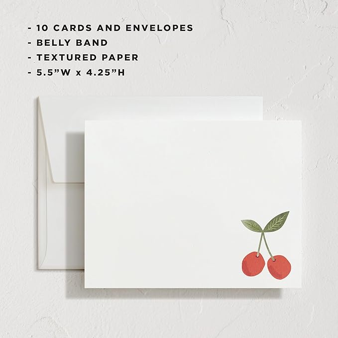 Minted Twin Cherries Stationery Set, Set of 10, Flat Note Cards & Envelopes for Invitiations and Handwritten Thank You Messages, Red Cherry Fruit Illustration, Gifts for Men and Women, Luxurious Paper