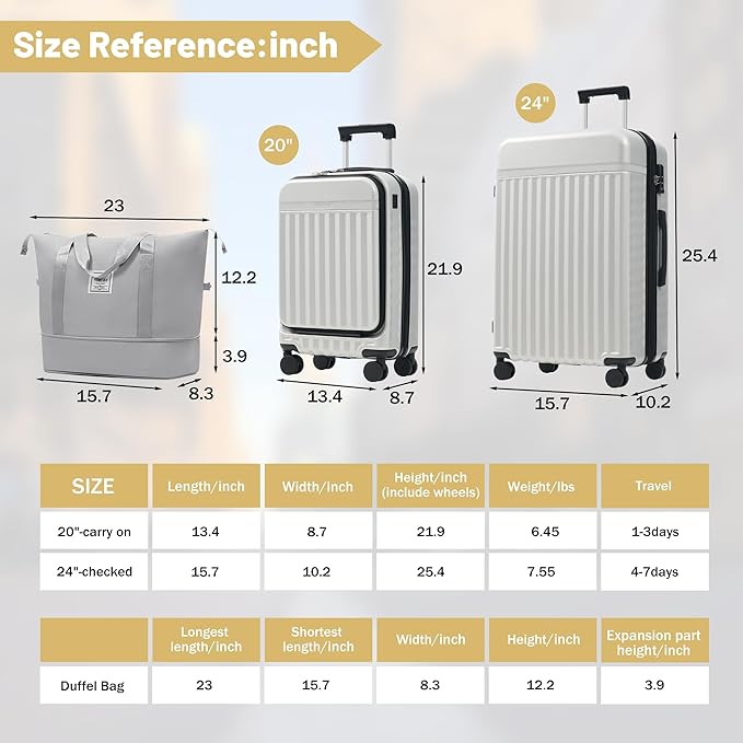 Merax Luggage Sets Front Opening, 2 Piece Hardshell Suitcase with Spinner Wheels and Bags,Lightweight Carry on Luggage with USB Port,20+24,White Grey