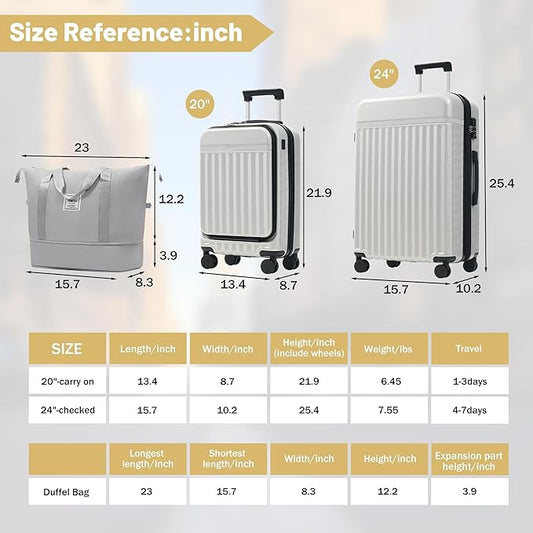Merax Luggage Sets Front Opening, 2 Piece Hardshell Suitcase with Spinner Wheels and Bags,Lightweight Carry on Luggage with USB Port,20+24,White Grey