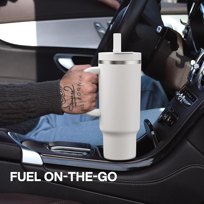 32 oz Tumbler with Handle and Straw: Stainless Steel Insulated Tumbler Keeps Cold for 24 Hours, Leakproof Travel Cup Fits in Cup Holder and BPA-Free, Black Night