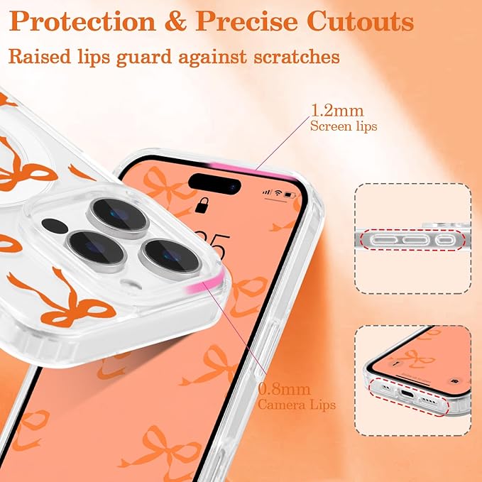 UEEBAI Magnetic for iPhone 16 Pro Case, Bow Case Compatible with MagSafe, Wireless Slim Clear Ribbon Aesthetic Phone Cover Anti-Yellowing Shockproof Protective Cover for Women Girl - Orange