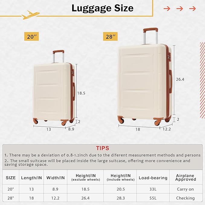 Merax Luggage Set 2 Piece Suitcase Sets with Spinner Wheel,Lightweight Hardside Expandable Travel Laggage with TSA Lock,Suitcase with Travel Bag(20"/28",Khaki & Brown)