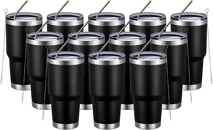 MEWAY 30oz Insulated Tumbler With Lids and Straws,Stainless Steel Double Vacuum Coffee Tumbler Cup, Brush, Durable Powder Coated Coffee Cup for Cold & Hot Drinks, Office, Travel(Black,12 PACK)