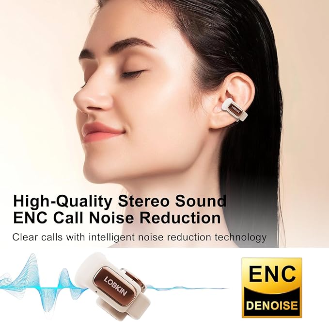 LOBKIN Open Ear Clip On Earbuds Wireless Bluetooth, Waterproof Clip On Headphones, Lightweight, Comfortable for Small Ears Women, Clip On Ear Buds with Mic, LED Display, Sports Running Workout White