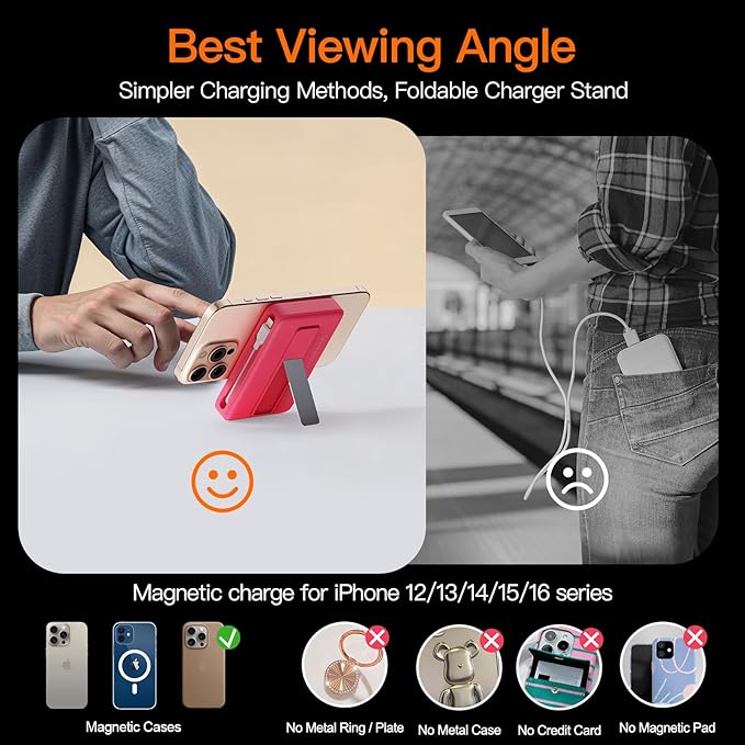2025 Magnetic Battery Pack 16800mAh Mobile Power Bank, Portable Charger with Foldable Stand and Built-in Cable, 20W USB-C Fast Charging, Suitable for iPhone 17/16/15/14/13/12 Series