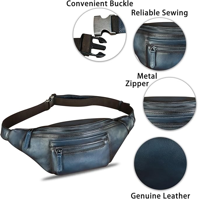 Genuine Leather Fanny Pack for Men and Women Vintage Handmade Leather Waist Bag Sling Bag Sling Backpack Purse Hip Crossbody Bag (Blue)