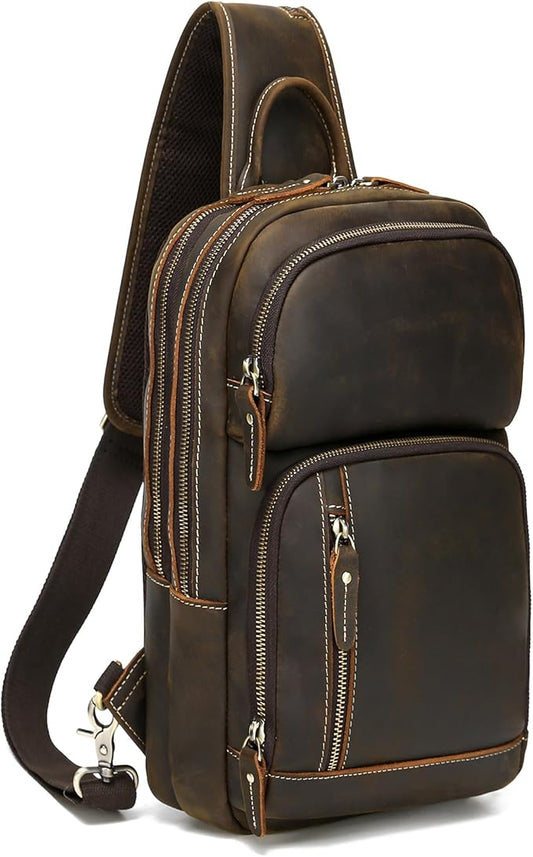 LANNSYNE Full Grain Leather Sling Bag For Men, Crossbody Bag fits 12.9" iPad Crossbody Chest Daypack