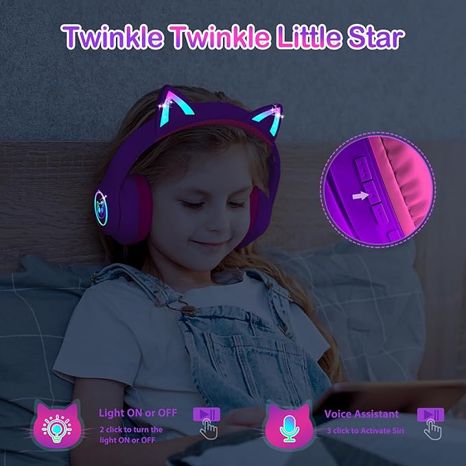 LOBKIN Bluetooth 5.4 Kids Headphones with Case - RGB LED Light Up Cat Ears Foldable Adjustable Over Ear Headphone Support Wireless or 3.5mm Wired Mode for Toddler & Girls & Boys Teens