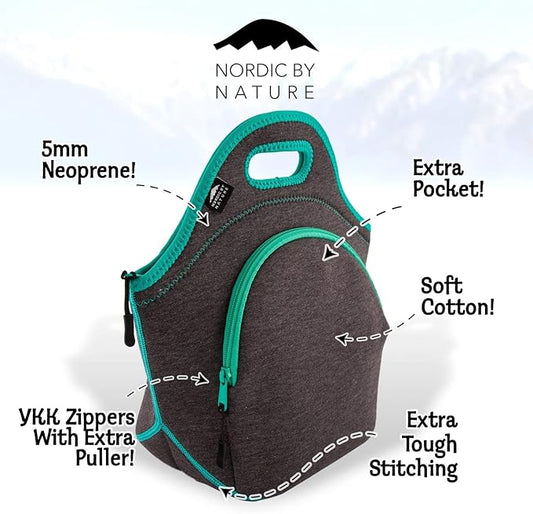 Nordic By Nature Insulated Neoprene Lunch Bag, Soft & Foldable Washable & Reusable Extra-Pocket (L) Dark Grey/Lagoon