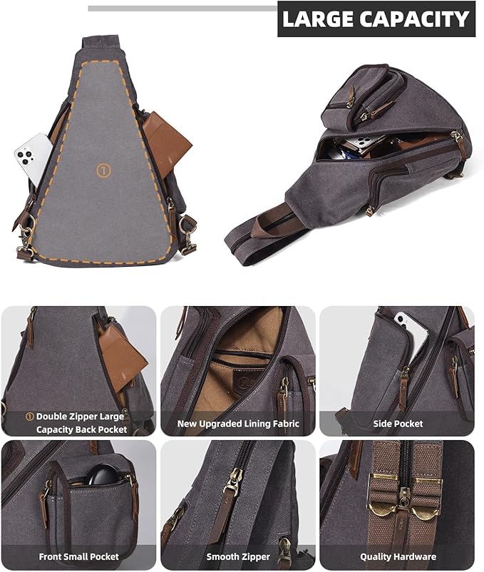 KL928 Canvas Sling Bag - Casual Crossbody Shoulder Daypack Rucksack Backpack for Men Women, Dark Grey