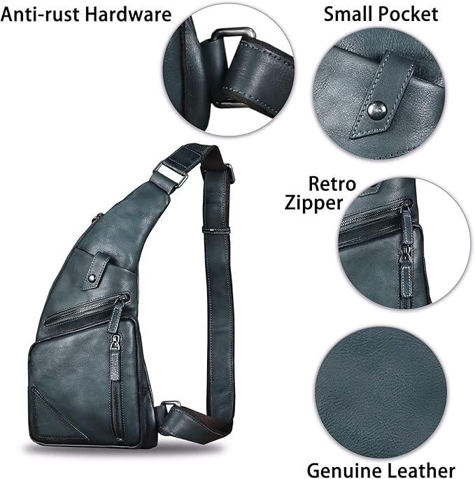 Genuine Leather Sling Bag for Men Vintage Handmade Crossbody Daypack Hiking Backpack Retro Crossbody Shoulder Bags (Grey)
