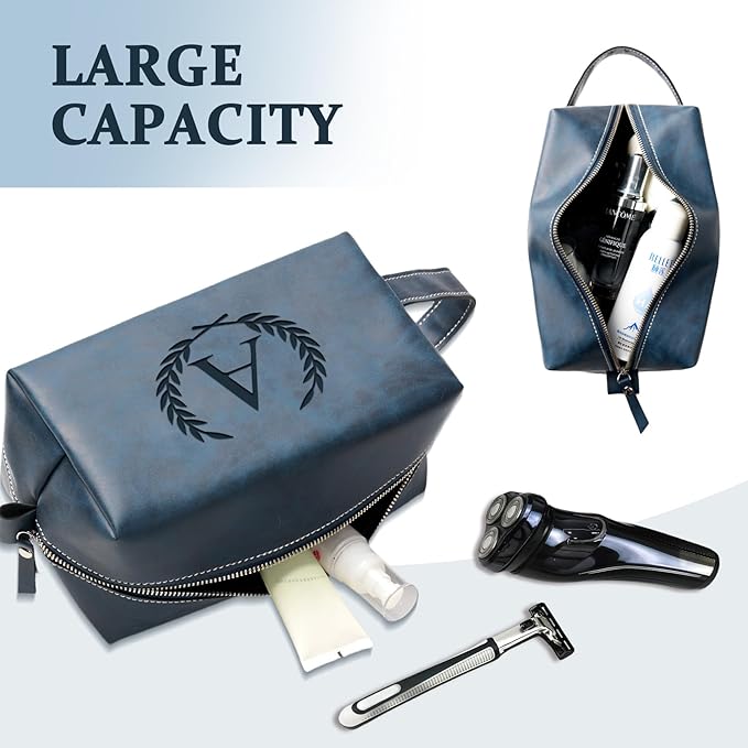 Personalized Gifts Travel Toiletry Bag for Men Engraved Initial PU Leather Waterproof Shaving Bag for Toiletries Accessories Fathers Day Birthday Gift for Men Dad Husband Son, Dark Blue O