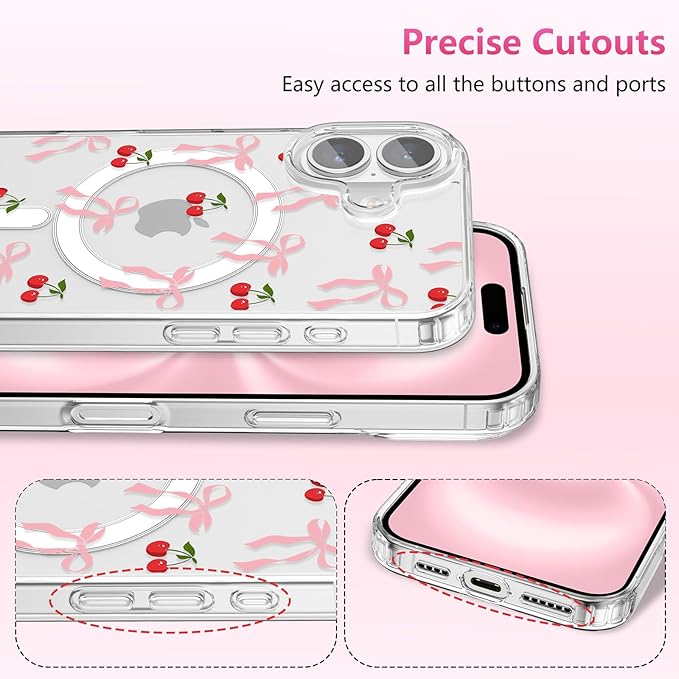 ZTOFERA for iPhone 16 Magnetic Case Clear,Cute Love Heart Ribbon Bow Tie Aesthetic Phone Case,Transparent Trendy Slim Soft Shockproof Protective Phone Cover for Women Girls,Peach Pink