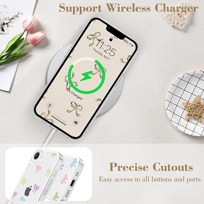 EYZUTAK Case for iPhone 16e, Clear Cute Ribbon Bowknot Pattern Aesthetic Transparent Phone Case Raised Camera Protection Stylish Slim Soft Durable TPU Protective Cover for Women Girls - Colorful
