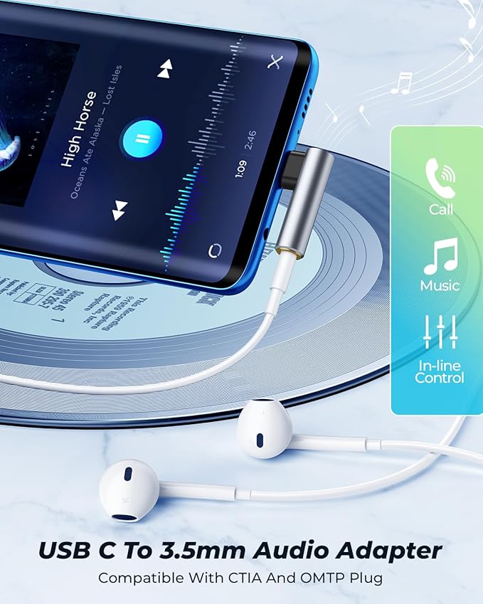 [2 Pack] USB C To 3.5mm Audio Adapter, USB Type C To 3.5mm Female Headphone Jack Dongle Aux Adapter DAC Stereo HiFi Right Angle for iPhone 17 Air, 16 15 Pro Max Plus, iPad Pro Air 5 4, Galaxy S24 S23