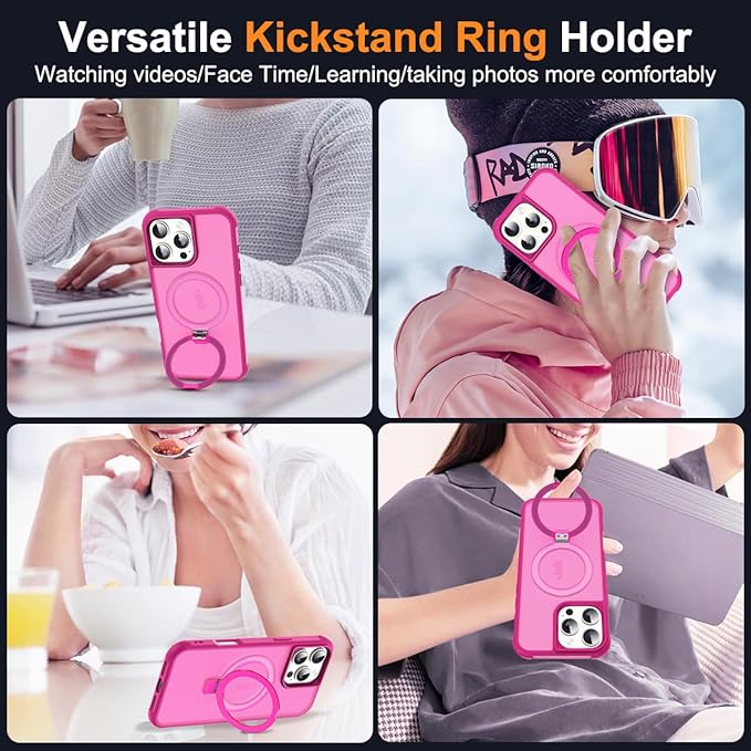 Compatible with iPhone 16 Pro Max Case with Invisible Magnetic O-Ring Stand Military-Grade Translucent Case for iPhone 16 ProMax 6.9" [Compatible with Mag-Safe][Great Grip Feeling], Rose