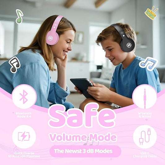 Headphones Kids Bluetooth 5.4 Wireless Play Time 68H Safe Volume Limit 85/94dB Over-Ear Foldable Headset,Fast Charging,with Aux Cord Built-in Mic for Toddler Child Pad Study Tablet Pink