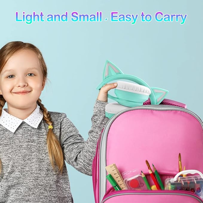 LOBKIN Bluetooth 5.4 Kids Headphones with Case - RGB LED Light Up Cat Ears Foldable Adjustable Over Ear Headphone Support Wireless or 3.5mm Wired Mode for Toddler & Girls & Boys Teens