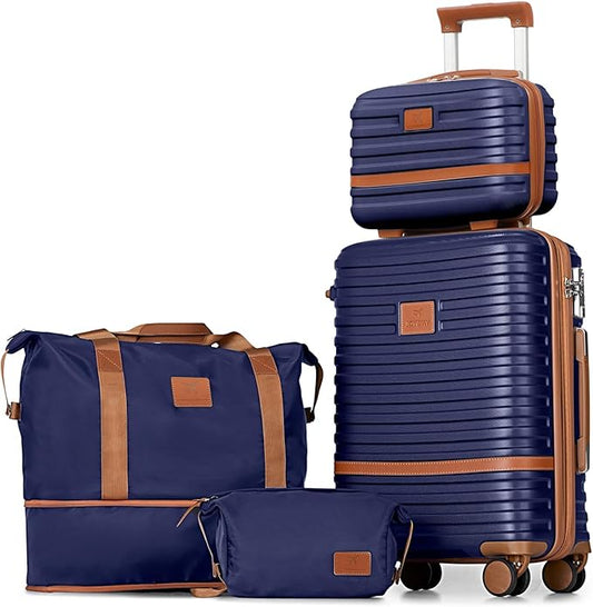 Joyway Carry On Luggage 20 Inch Expandable Suitcase with Spinner Wheel, 4 Piece Hard Shell Luggage Set with TSA Lock(Navy brown)