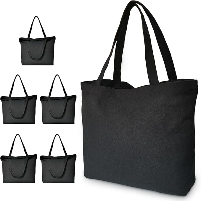 Koolmox Black Canvas Tote Bags, 6-Pack 17x14x3.9'' 12Oz Heavy Duty Cotton Bags with Handles and Bottom, Reusable Grocery Shopping Bag Bulk Sublimation Tote Bags Blank for Teachers Crafts