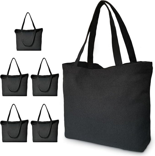 Koolmox Black Canvas Tote Bags, 6-Pack 17x14x3.9'' 12Oz Heavy Duty Cotton Bags with Handles and Bottom, Reusable Grocery Shopping Bag Bulk Sublimation Tote Bags Blank for Teachers Crafts