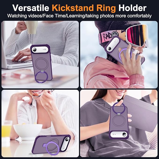 Compatible with iPhone 17 Air Case with Invisible Magnetic O-Ring Stand Military-Grade Translucent Phone Case for iPhone 17 Air 6.5" [Compatible with Mag-Safe][Great Grip Feeling], Purple