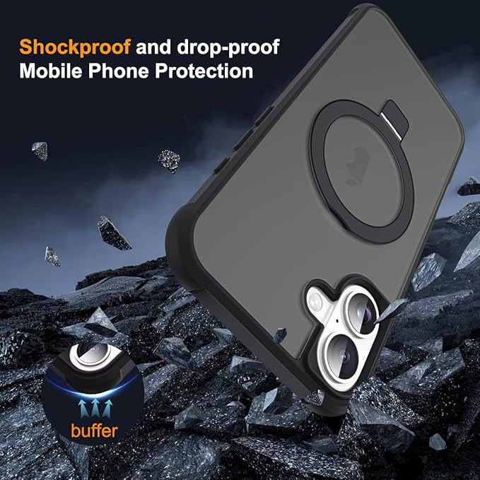 Compatible with iPhone 16 Plus Case with Invisible Magnetic O-Ring Stand Military-Grade Translucent Case for iPhone 16 Plus 6.7" [Compatible with Mag-Safe][Great Grip Feeling], Black