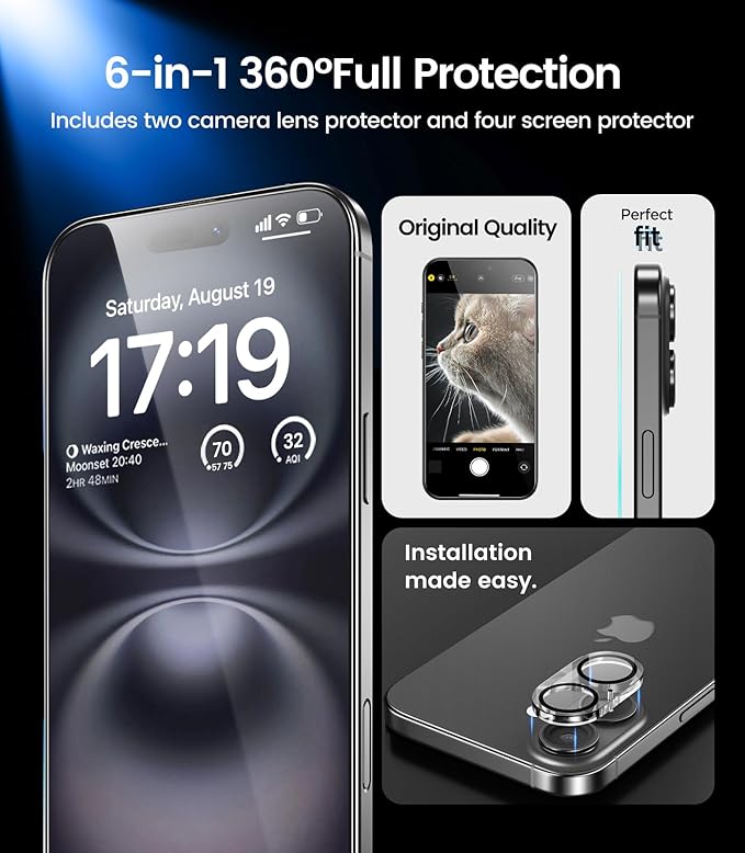 EZ-GLAZ- 4 Pack for iPhone 16 Privacy Screen Protector [6.1"] With 2 Pack Camera Lens Protector, 9H+ Hardness 12FT Military Grade Shatterproof Scratch Resistant Durable Tempered Glass Film with Flawless Fit Kit