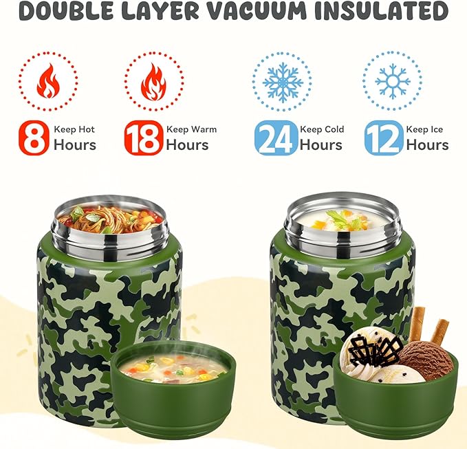 17oz Soup Thermo for Hot Food Kids Insulated Food Jar,Thermo Hot Food Lunch Container, Width Mouth Stainless Steel Lunch Box for Kids with Handle Folding Spoon(Army Green - Camouflage)
