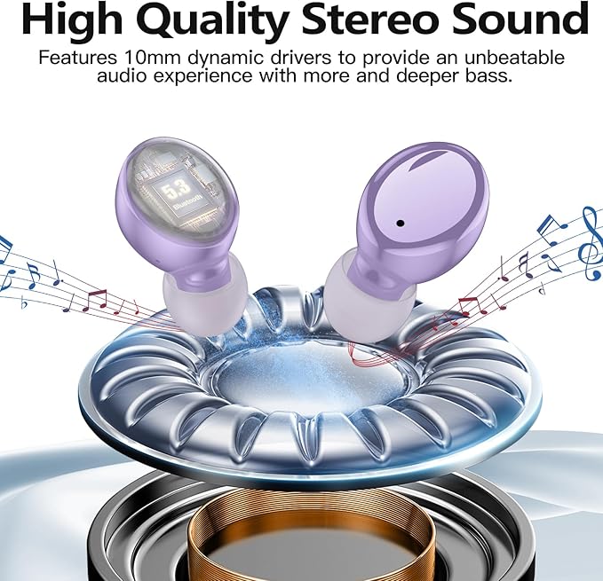 kurdene Wireless Earbuds Bluetooth 5.3 in Ear Buds Light Weight Headphones,Deep Bass Sound,Built in Mics Headset,Clear Calls Earphones for Sports Workout Light Purple
