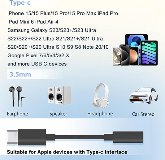 2 Pack USB-C to 3.5 mm Headphone Jack Adapter, Aux Audio Dongle Cable Compatible with iPhone 15 Series and More Type-C Devices, Black