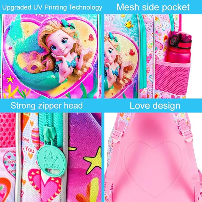 3Pcs Mermaid Backpack, 16" Kids Bookbag for Girls with Lunch Box, School Backpacks Set for Elementary Preschool Kindergarten(Pink)