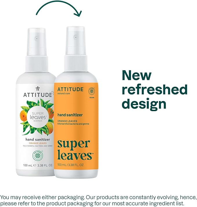 ATTITUDE Hand Sanitizer Spray, EWG Verified, Kills Germs & Bacteria, Vegan & Plant-Based, Safe for Adults & Kids, Orange Leaves Scent, 3.38 Fl Oz (Pack of 6) (Spray Bottle)
