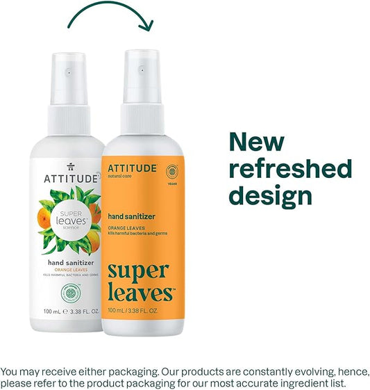 ATTITUDE Hand Sanitizer Spray, EWG Verified, Kills Germs & Bacteria, Vegan & Plant-Based, Safe for Adults & Kids, Orange Leaves Scent, 3.38 Fl Oz (Pack of 6) (Spray Bottle)