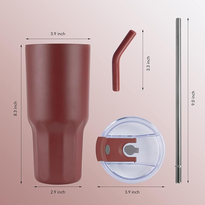 VEGOND 30 oz Insulated Stainless Steel Tumblers with lid and straw Bulk Pack Double Wall Vacuum Coffee Mug with Non-Slip Silicone Base, Sweat Proof Powder Coated Cup for Hot Cold Drinks, Red 4Pack