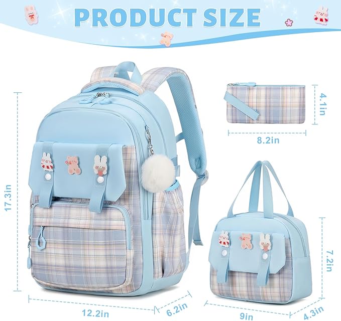 Backpack for Girls, 3PCS Kids Girls Backpacks with Lunch Bag Pencil Case for School, Cute Bookbag Teens Backpack for Kindergarten Preschool Elementary Middle School, Blue