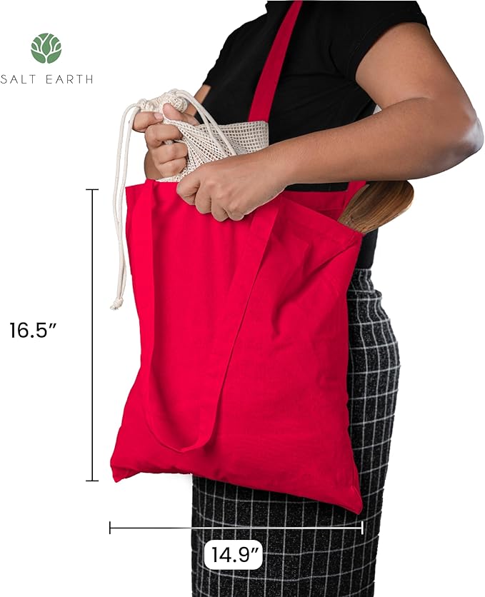 Salt Earth Pack of 5 | 6 | 12 | 24 | 48 – 100% Cotton Reusable Tote Bags – Bulk Grocery, Shopping, DIY, Beach & Gift Use