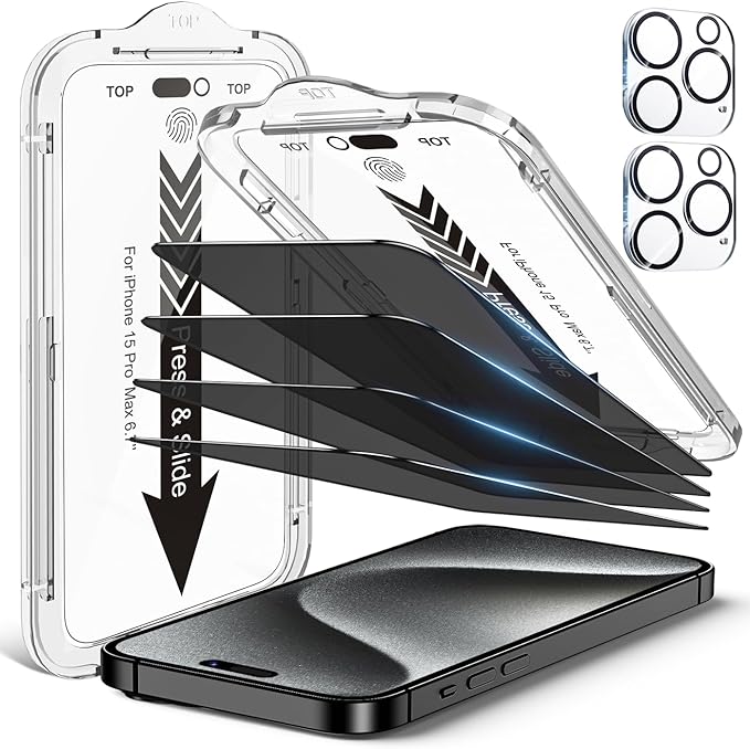 EZ-GLAZ-4 Pack iPhone 15 Pro Max Privacy Screen Protector(6.7'') With [2 Pcs Camera Lens Protector], Anti-Spy, 9H Hardness, Drop-Resistant, Case Friendly, Anti-Scratch & EZ-To-Install Tempered Glass